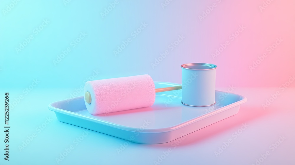 A small paint roller resting on a clean tray with a can of pastel paint. digital