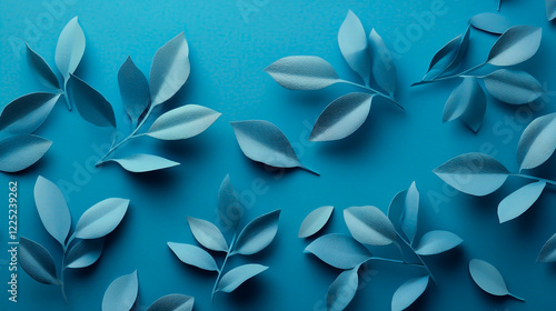 A blue background with tropical leaves, minimalist, simple, monochromatic, patterned, flat design. photo