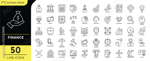 Finance Line editable icon set. Editable Stroke. Containing icons: investment, stock exchange, wallet, startup, money, financial news,corporate, business man, trade, and more. Vector Illustration.