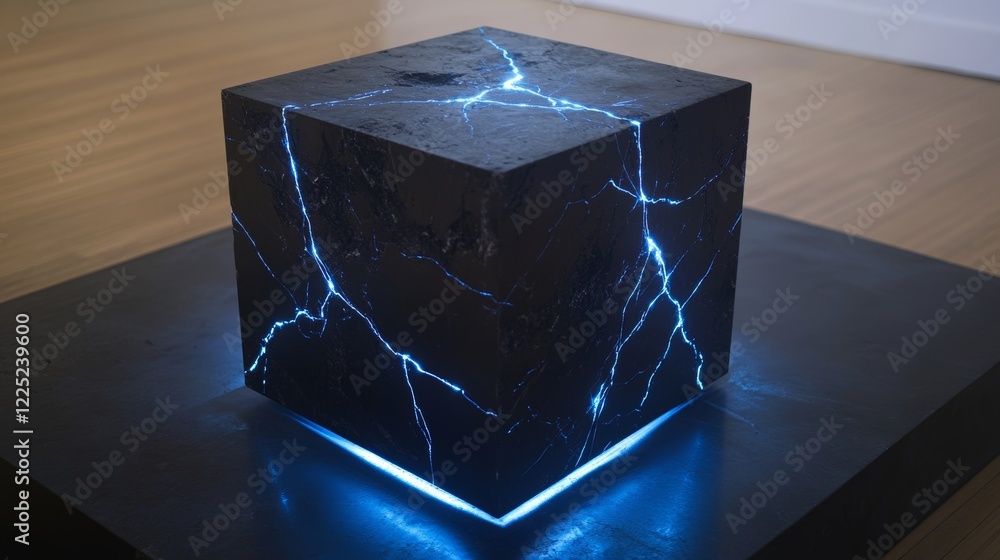 A levitating black cube with glowing blue lines etched across its surface.