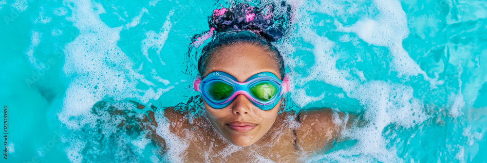 Naklejka premium Girl swimming underwater with goggles in a turquoise pool