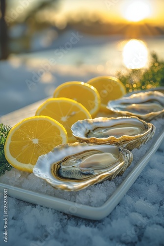 A gourmet seafood dish featuring fresh oysters on a bed of crushed ice, garnished with vibrant lemon slices. The golden sunset in the background creates a luxurious and refreshing atmosphere photo