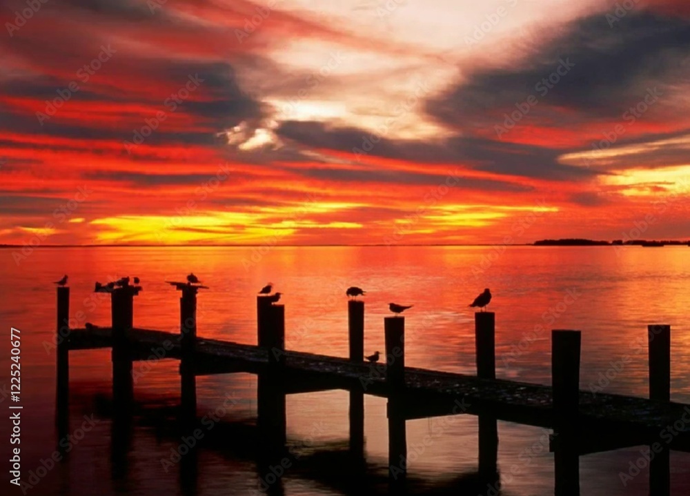 Obraz premium Red sunset on the lake with a wooden pier