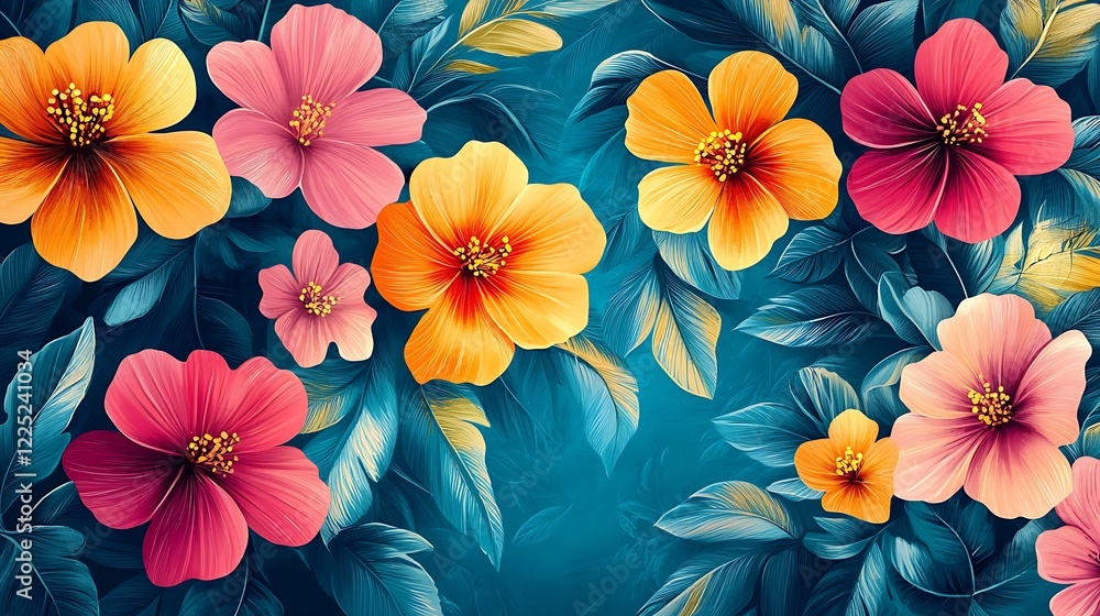 A bright summer floral pattern in teal pink background A bright summer floral pattern in teal pink background