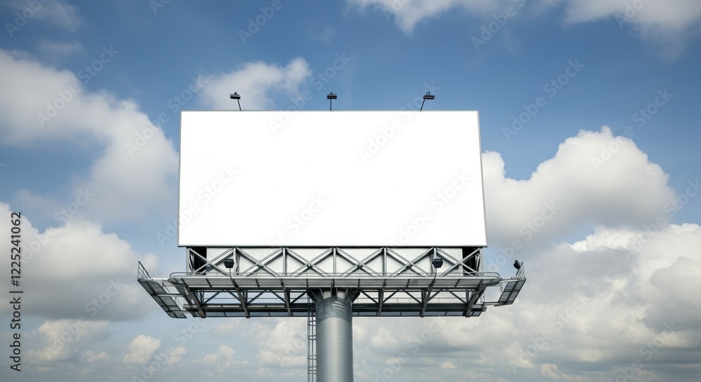 Blank billboard mockup against a blue sky with fluffy clouds Blank billboard mockup against a blue sky with fluffy clouds