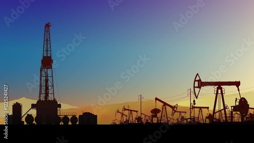 Wallpaper Mural Land crude oil drilling rig derrick pumpjack. Oil field pump jack. Looped animation. Background colorful sky. Gas. Onshore production industry, business. Silhouette horizon desert dune. Seamless loop Torontodigital.ca