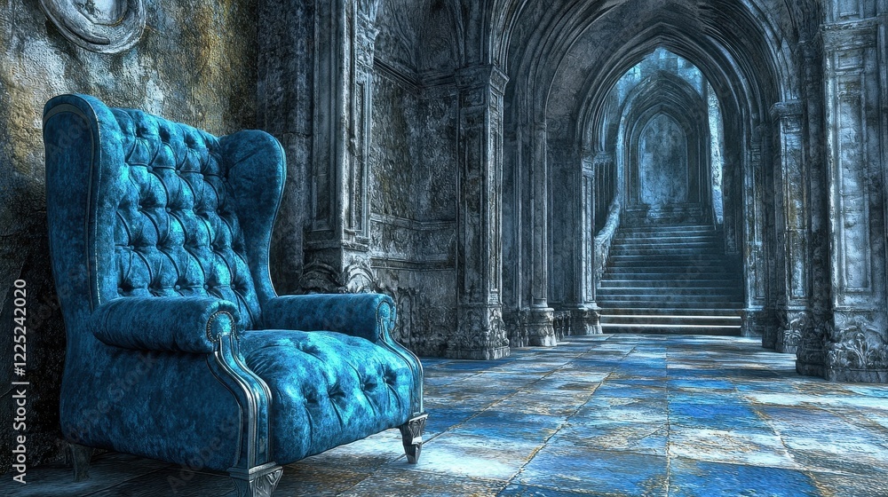 Fototapeta premium Blue velvet armchair in a gothic hall. Perfect for fantasy, mystery, or royalty themes.