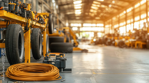 set of air compressors and tire inflators in spacious workshop, showcasing tools and equipment for vehicle maintenance photo