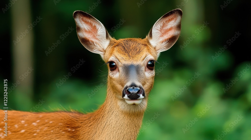 Fototapeta premium A close-up of a young deer showcasing its gentle expression in a lush green forest.