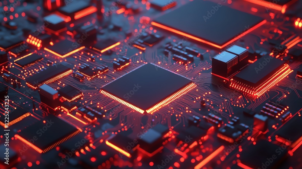 Close-up of a circuit board with glowing red elements and intricate details. Close-up of a circuit board with glowing red elements and intricate details.