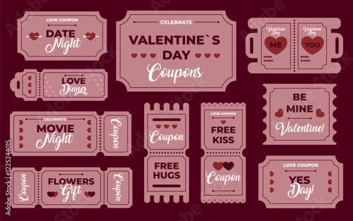 Love coupons, romantic tickets, holiday gift voucher, free kiss admission card celebration set