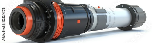 High-tech lens with orange and black accents, white isolated background. photo