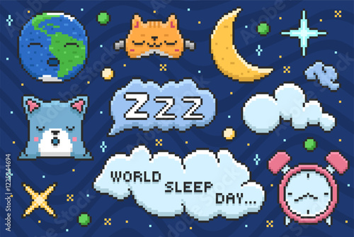 Set of Pixel Art World Sleep Day Vector Illustration. Earth, moon, pillow, alarm clock, sleep mask, stars.