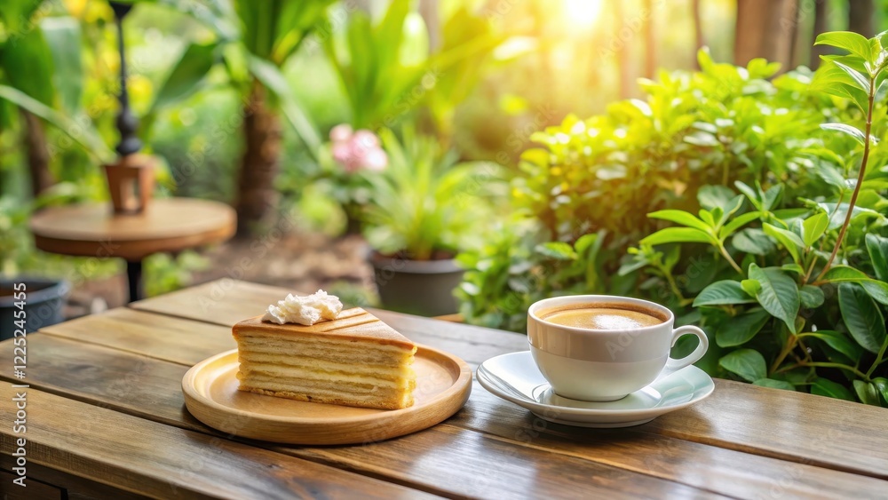 Serene outdoor cafe setting with a slice of layered cake and a cup of coffee Serene outdoor cafe setting with a slice of layered cake and a cup of coffee
