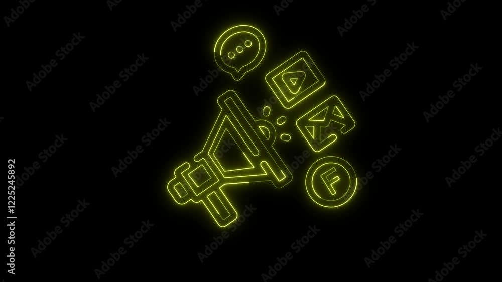 Glowing neon line Promotion and marketing icons on social media platforms animation yellow color, neon promotion icon, advertising icon concept Glowing neon line Promotion and marketing icons on social media platforms animation yellow color, neon promotion icon, advertising icon concept