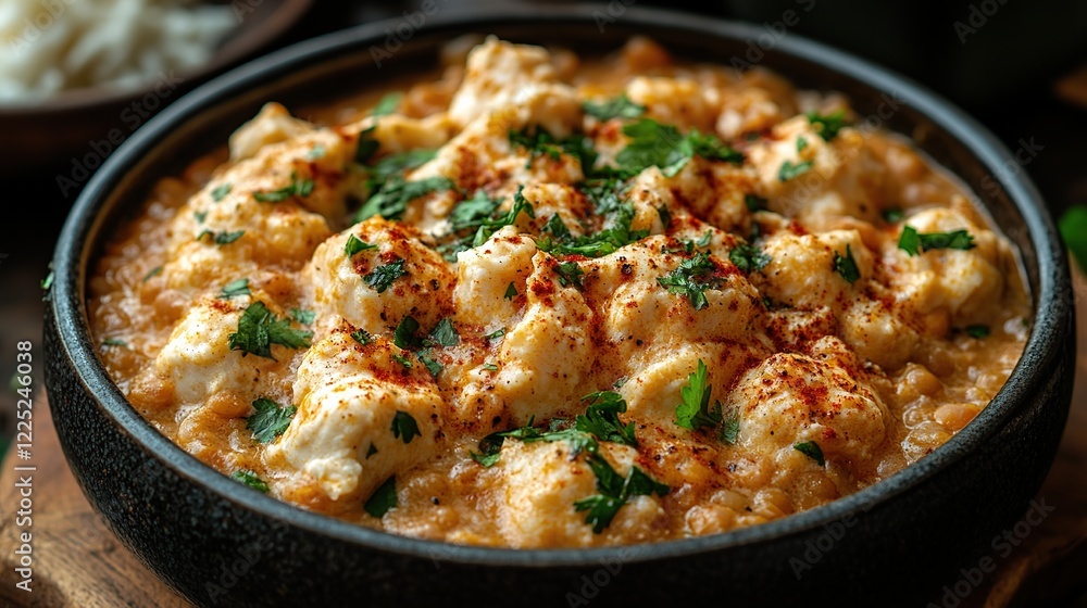 Creamy Tofu Curry, close-up, kitchen setting, food photography Creamy Tofu Curry, close-up, kitchen setting, food photography
