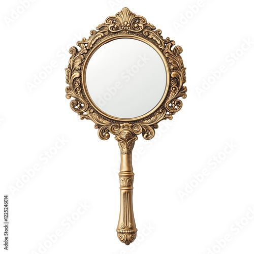 decorative gold hand mirror with intricate carvings  isolated on transparent white background