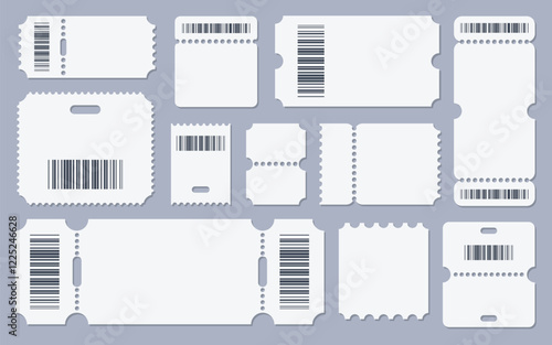 Empty blank paper tickets, tear-off entrance coupons or admission card with barcodes isolated set
