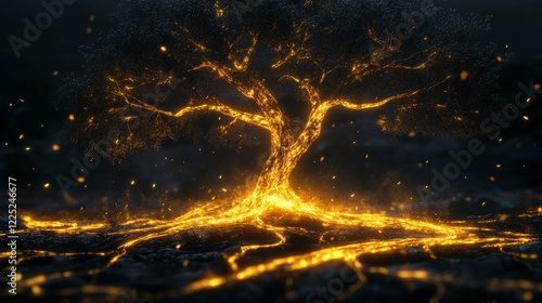 A liquid metallic tree with glowing roots stretching into a dark abyss.  photo