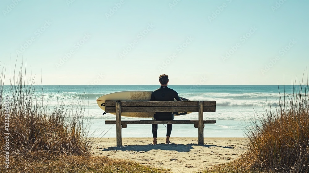 A surfer waxing their board on a minimalist wooden bench by the beach. digital A surfer waxing their board on a minimalist wooden bench by the beach. digital