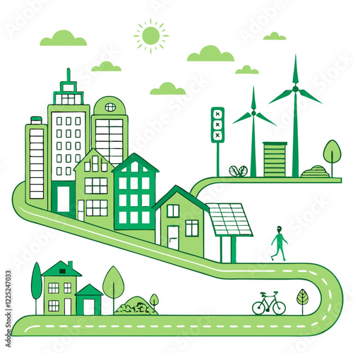 Modern Sustainable City Vector Design for Green Urban Development, Clean Energy, and Eco Graphics