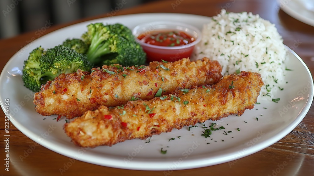Crispy fish, rice, broccoli, and sauce on a plate. Restaurant food photo Crispy fish, rice, broccoli, and sauce on a plate. Restaurant food photo