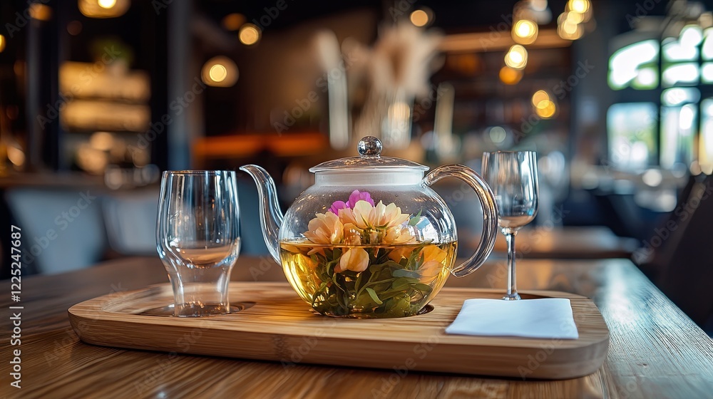 A transparent teapot with blooming flower tea inside on a clean wooden tray. digital A transparent teapot with blooming flower tea inside on a clean wooden tray. digital