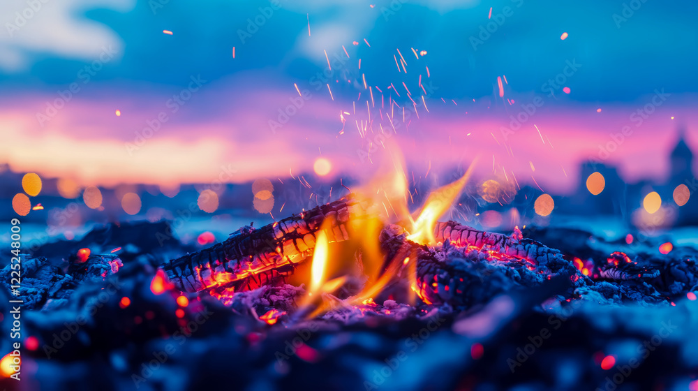 Embers Glow: A Nighttime Bonfire against a City Lightscape Embers Glow: A Nighttime Bonfire against a City Lightscape