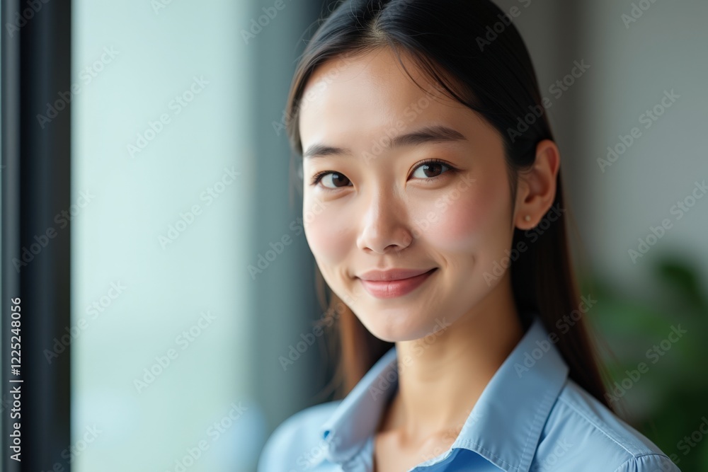 Portrait of a Young Woman in a Professional Setting, Displaying a Warm Smile and Stylish Attire, Captured with Soft Lighting and Modern Décor in Background