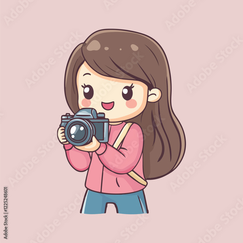 cute little girl taking a photo with a camera vector illustration