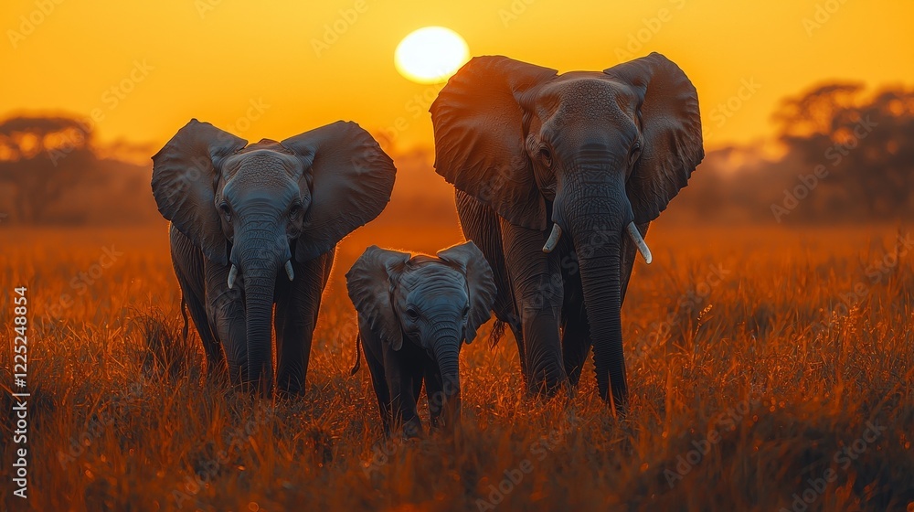 Obraz premium A majestic family of elephants walking gracefully against the backdrop of a vibrant sunset in an open savanna