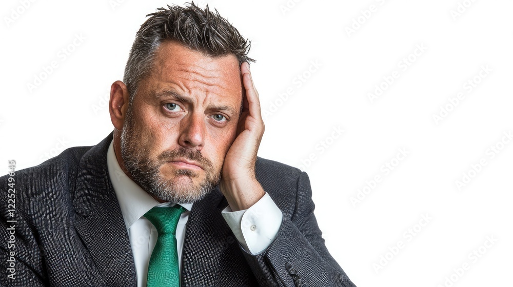 Stressed businessman, hand on head, worried expression, white background, business use
