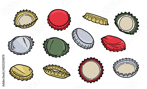 Used glassware bottle metallic caps, lemonade, consumed soda or beer glass jar lids isolated set