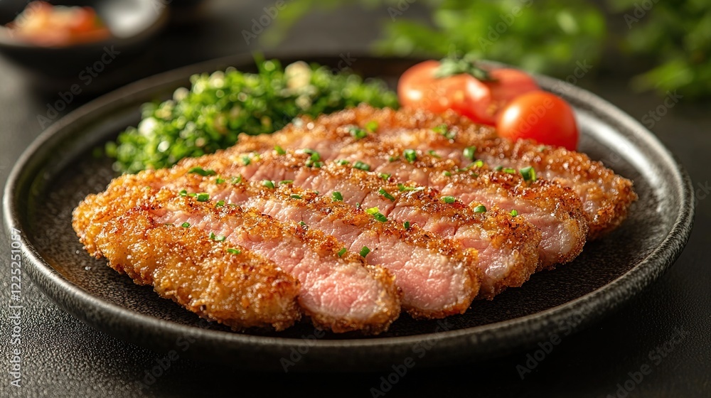 Crispy pork cutlet, sliced, with salad and tomatoes. Restaurant dish Crispy pork cutlet, sliced, with salad and tomatoes. Restaurant dish