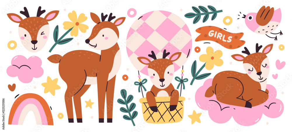 Fototapeta premium Baby deer cute cartoon character, pretty girl kid wild fawn animal mascot set for decoration