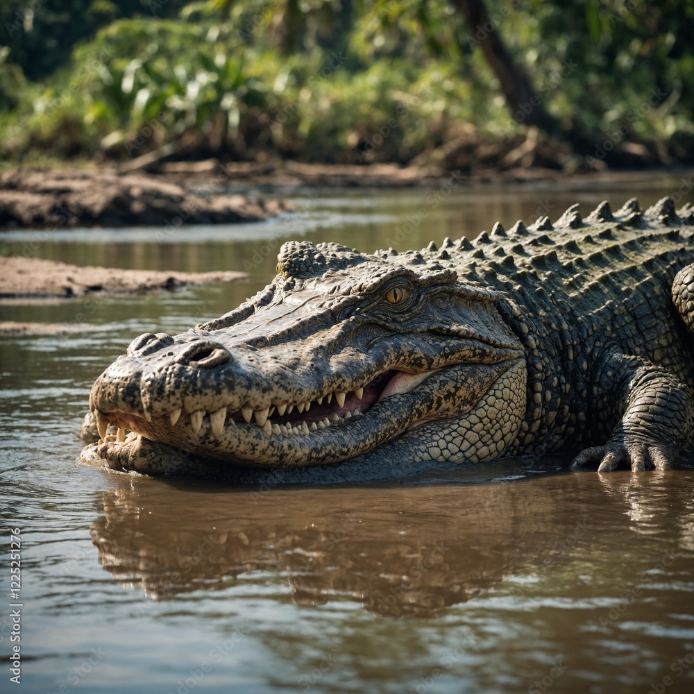 Obraz premium Crocodile Sunbathing on a Riverbank. Crocodile in the water. 