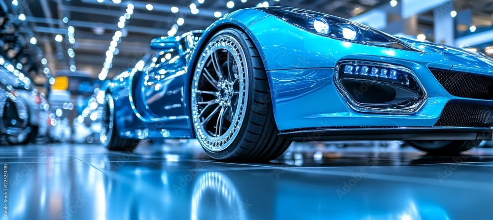 Sleek Sports Car, Polished Showroom, Intricate Wheel Design, Automotive Luxury, Blue Reflections Sleek Sports Car, Polished Showroom, Intricate Wheel Design, Automotive Luxury, Blue Reflections