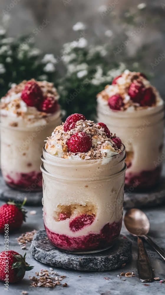 Three layered desserts in glass jars with fresh raspberries and granola on a gray surface Three layered desserts in glass jars with fresh raspberries and granola on a gray surface