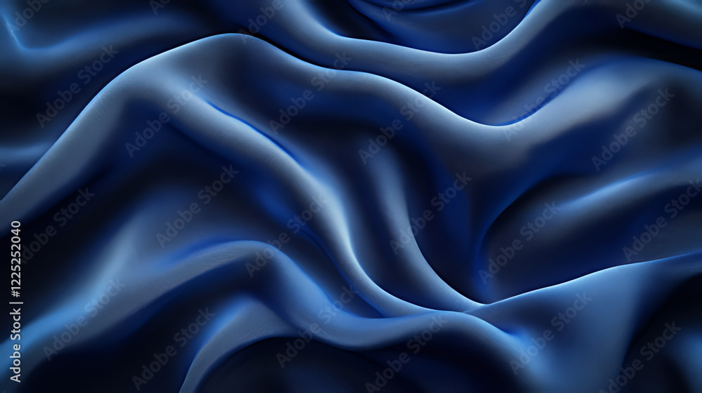 Fototapeta premium Blue silk fabric drapes, studio shot, elegant waves, background blur, textile design