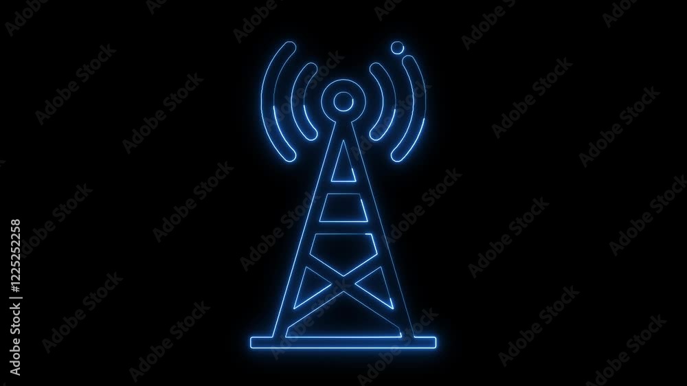 Glowing neon signal radio tower emitting harmful signal waves blue color, Radio tower icon elements neon animation concept Glowing neon signal radio tower emitting harmful signal waves blue color, Radio tower icon elements neon animation concept