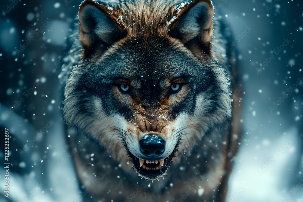 snarling wolf in snowy forest under full moon, showcasing its fierce expression and sharp teeth snarling wolf in snowy forest under full moon, showcasing its fierce expression and sharp teeth