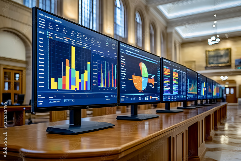 Fototapeta premium Large monitors displaying colorful graphs and data analysis in modern office