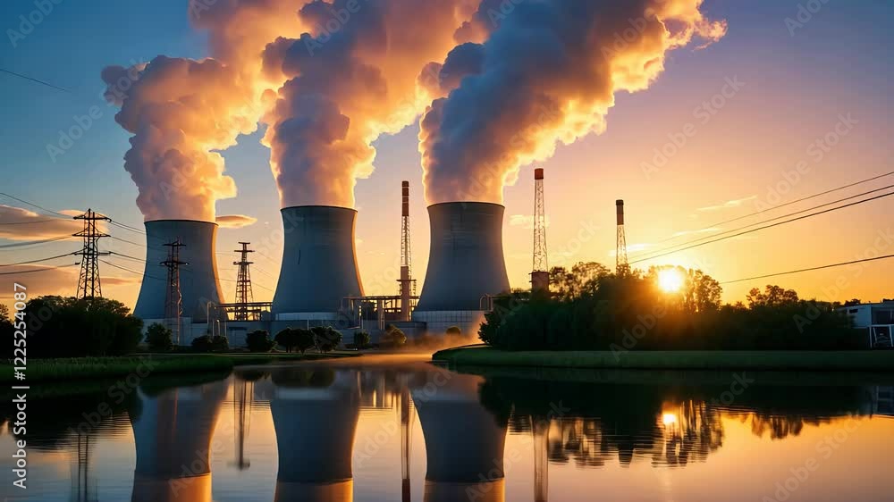 Cooling Towers Emitting Steam at a Power Plant with Industrial Chimneys and Reflection in Water During Sunset
Cooling Towers Emitting Steam at a Power Plant with Industrial Chimneys and Reflection in Water During Sunset
