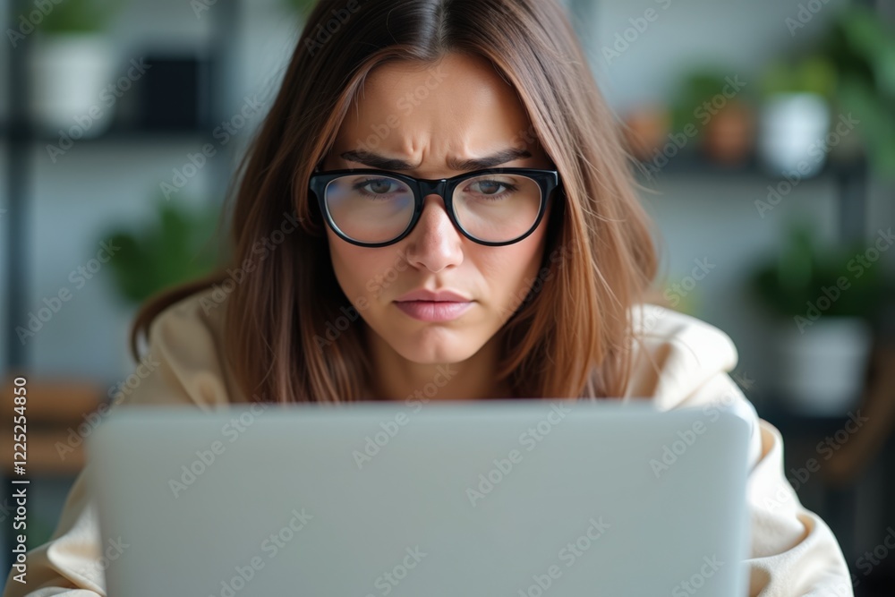 A Focused Young Woman in Glasses Concentrating on Her Laptop in a Bright Room Surrounded by Green Plants, Illustrating Modern Work-from-Home Dynamics and Digital Connectivity A Focused Young Woman in Glasses Concentrating on Her Laptop in a Bright Room Surrounded by Green Plants, Illustrating Modern Work-from-Home Dynamics and Digital Connectivity