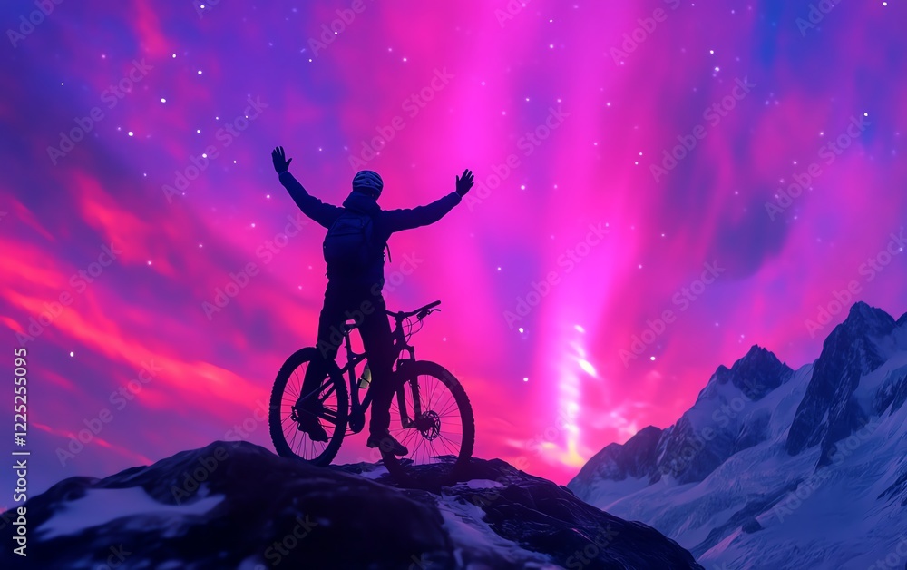 Obraz premium Cyclist silhouette with arms raised, holding bicycle high, victory moment, colorful sky background, race concept, highdetail contrast, ultrarealistic, 4K resolution