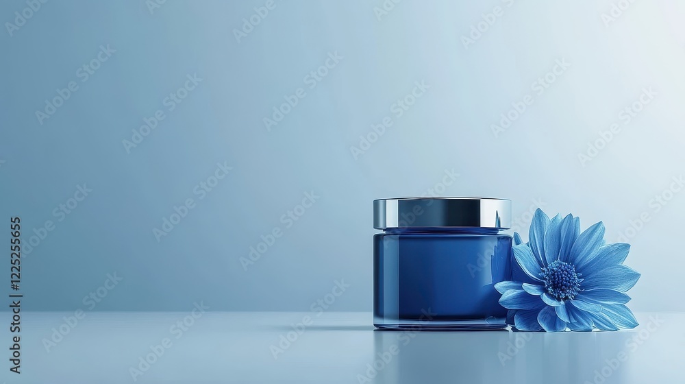 Blue Cosmetic Jar with Flower on Minimalistic Light Background Blue Cosmetic Jar with Flower on Minimalistic Light Background