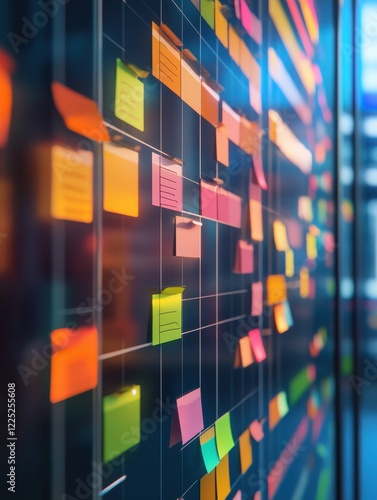 Visual representation of a kanban board with sticky notes and task workflow management concepts photo