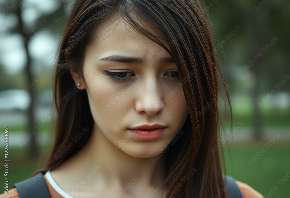Sad young woman standing outdoors in a park Sad young woman standing outdoors in a park