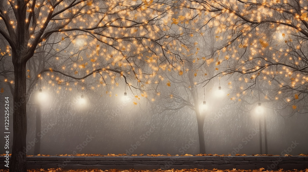 Φωτογραφία holiday autumn background blank, the park of autumn trees is decorated with ligh