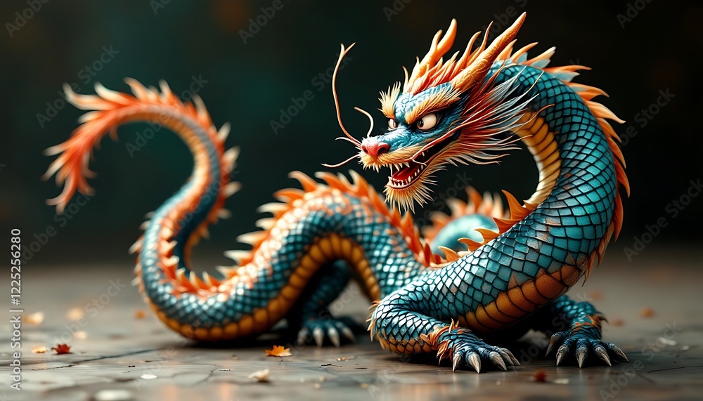 Fototapeta premium Majestic Teal and Orange Dragon 3d Render Art Print